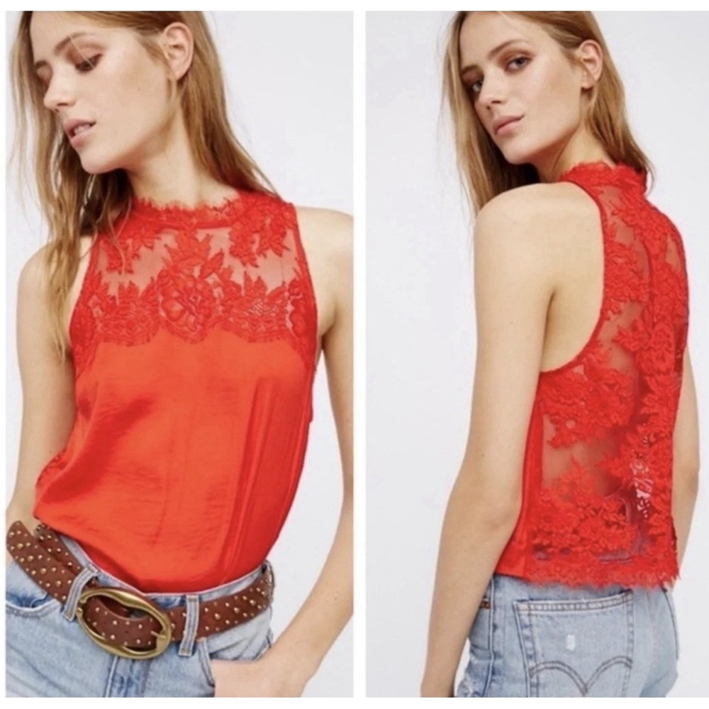 Free People Size Medium‎ "Tied To You" Lace Top Sheer Split Back Cami Red